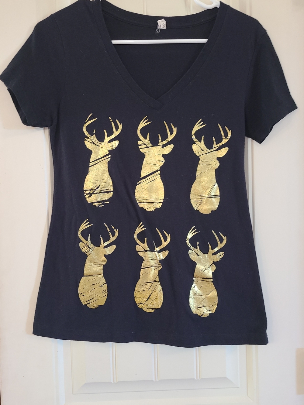 Ideal T Black V-Neck Tee with Metallic Gold Deer Motif Size M